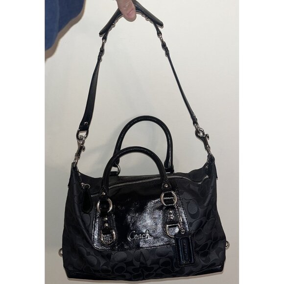 Coach Ashley Signature Satchel Bag Black C Sateen Fabric Leather Trim F15443 - Picture 1 of 16